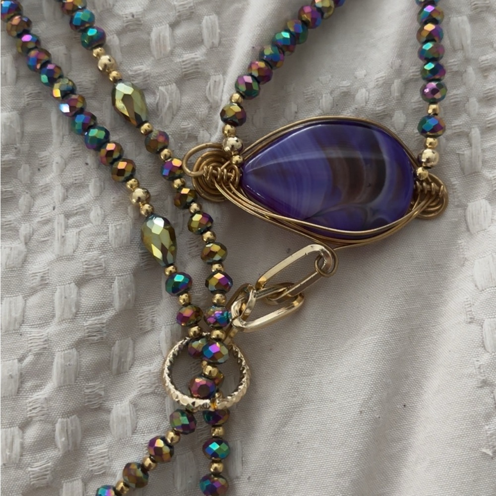Purple & Gold Accents Wire-Wrapped Tassel Necklace, Earrings Handmade, Long - Picture 3 of 5